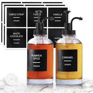Coffee Syrup Dispenser for Coffee Bar, Set of 2 Simple Glass Syrup Bottle w. Pump and Labels, 16.9 oz 500ml