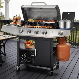4-Burner BBQ Grill W/Side Burner, 50,000BTU Gas Propane Grill Portable with Storage Cabinet, Heavy-Duty Stainless Steel Outdoor Cooking, with Tank Hook, Towel Rack, Steel Brus