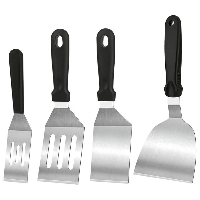 4-Pack Stainless Steel Spatulas for Cast Iron Skillet - Heat Resistant Handle Metal Turner & Scraper Set for Griddle, Pancakes, Burgers and Regular Cookware