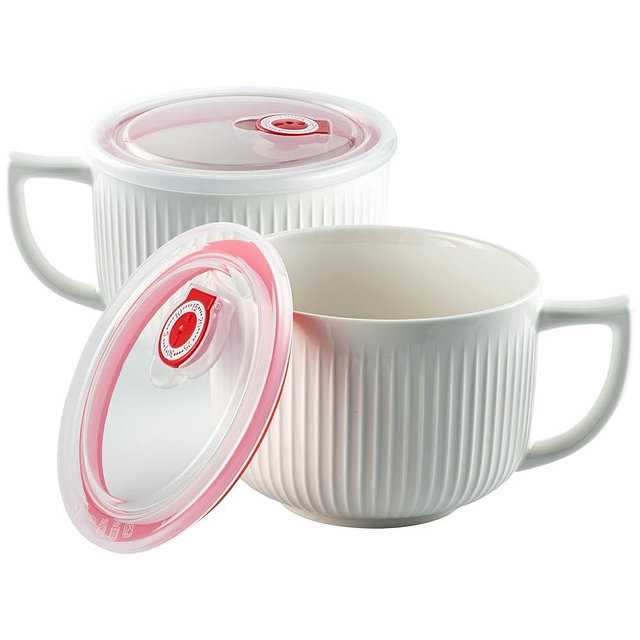 Hoilse Oversized Soup Bowls with Handles, 38oz Microwave Ramen Bowl with Lid, Jumbo Soup Mug for Ramen, Noodle, Cereals, Soup Container with Lid, Dishwasher Safe - set of 2 (White)