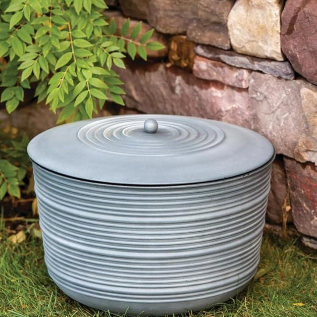 Gardener's Supply Company 100ft Hose Storage Pot | Ribbed Durable Steel With Side Port, Bottom Drainage and Lid | Ideal Holder for Outdoor Garden, Backyard, & Patio