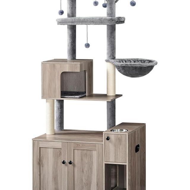 HOOBRO Cat Tree with Litter Box Enclosure, Cat Tower with Food Bowl and Storage, Hidden Cat Litter Enclosure Furniture, All-in-One Modern Cat Condo, with Cat House, Hammock and Perch, Greige BG80MZ03