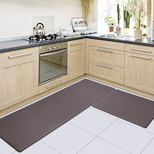 DEXI Kitchen Rugs and Mats, Cushioned Anti Fatigue Comfort Mat, 2/5Inch Waterproof Non Skid Standing Kitchen Rug Set, 17"x29"+17"x59", Brown