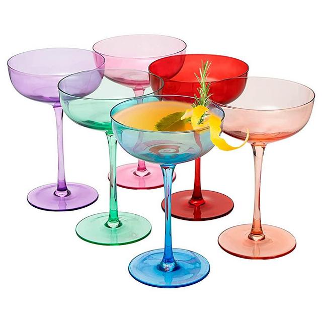 Colored Coupe Glasses | Set of 6 | 7 oz Classic Cocktail Glassware for Champagne, Martini, Manhattan, Cosmopolitan, Crystal Speakeasy Style Goblets Stems, Elegantly Color (Classic Multicolor)