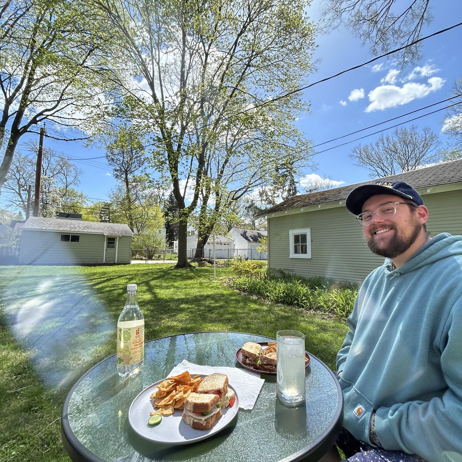 Eating our first dinner in our new backyard