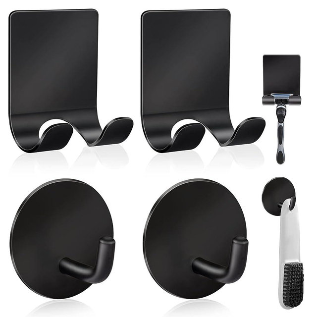 Diesisa Razor Holder for Shower + Adhesive Wall Hooks, Premium 304 Stainless Steel Shower Razor Holder with Heavy Duty Waterproof Sticky Hooks for Hanging Towels, Coat, hat (2+2 Pack) - Black
