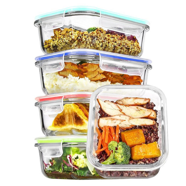 Vtopmart 5Pack 22oz Glass Storage Containers with Lids, Glass Meal Prep Food Container Sets with Snap Airtight Lids for Microwave, Oven, Freezer and Dishwasher, Multicolour