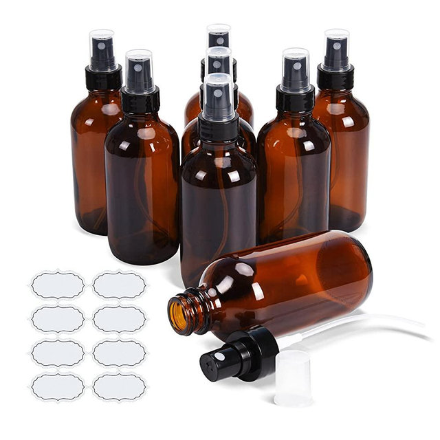 Fine Mist Sprayers 4 oz Amber Boston Bound Glass Bottles ULG 8 Pieces Empty Spray Atomizer for Essential Oils Aromatherapy Cosmetic Sprays Including Waterproof DIY Labels
