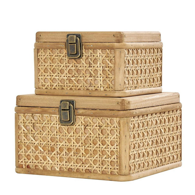 Deco 79 Rattan Handmade Decorative Box Woven Decorative Keepsake Boxes with Bronze Latches, Set of 2 Storage Boxes 7", 6"W, Brown