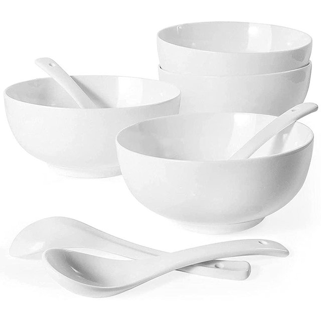 Artena Asian Soup Bowls with Spoons Set of 4, 26 oz Pasta, Ramen, Pho Bowls and Soup Spoons Set, Advanced Porcelain Elegant White Cereal Bowls for Kitchen, Dishwasher Microwave Oven Safe Bowls