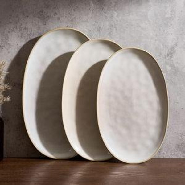 famiware Serving Platter, Oval 15.59/14.3/12.9 inch Serving Dishes for Entertaining, Serving Bowls, Microwave Safe, Stonware Serving Trays for Party, Turkey, Cheese, Ocean Series, Cappuccino White
