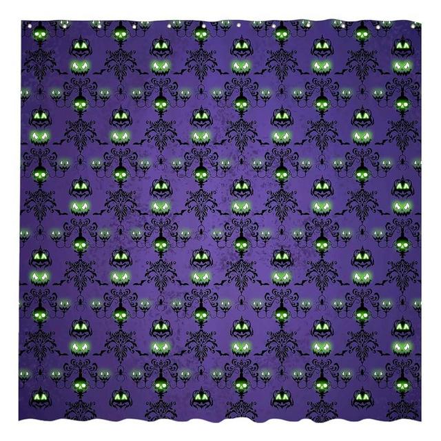 Allenjoy 72" x 72" Halloween Purple Haunted House Shower Curtain for Bathroom Set Spooky Skull Wall Pumpkin Eyes Home Bath Bathtub Decoration Durable Fabric Machine Washable