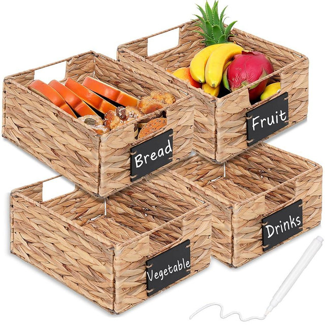 Rectangular Seagrass Baskets Water Hyacinth Basket-Foldable Handwoven Water Hyacinth Storage Baskets-Laundry Organizer Totes with Letter Boards-with White Chalk Markers,Set of 4 Pcs,10.8x9x4.9inch