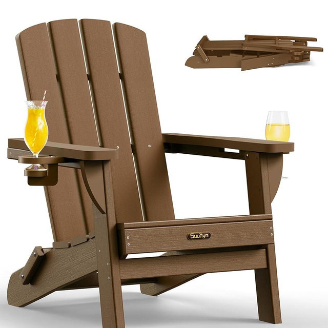 SUUNYN Folding Adirondack Chair, HDPE All-Weather Fire Pit Chairs, Plastic Adirondack Chairs with 2 Cup Holder, Outdoor Lawn Chair for Patio Garden (Brown)
