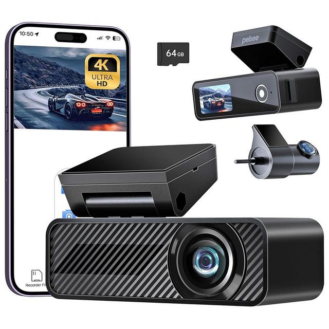 4K Dash Cam Front and Rear, 64GB SD Card, Pelsee 4K+1080P Dual Dash Camera for Cars, Wi-Fi & App Control, 1.5’’IPS Display Car Camera, Voice Control, Night Vision, 24H Parking Mode, G-Sensor
