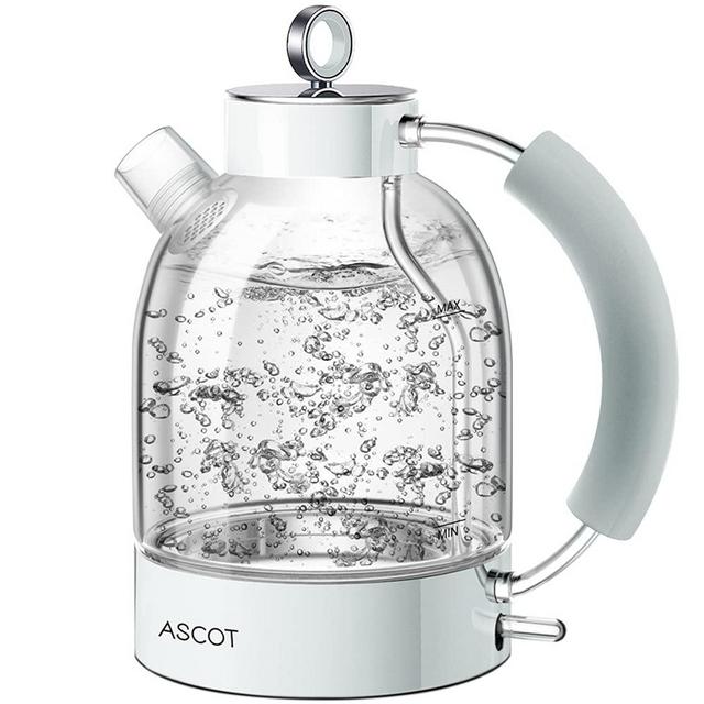 Electric Kettle, ASCOT Glass Electric Tea Kettle 1.7L, 1500W, Stainless Steel Tea Heater & Hot Water Boiler, Borosilicate Glass, BPA-Free, Cordless, with Auto Shut-Off and Boil-Dry Protection-White