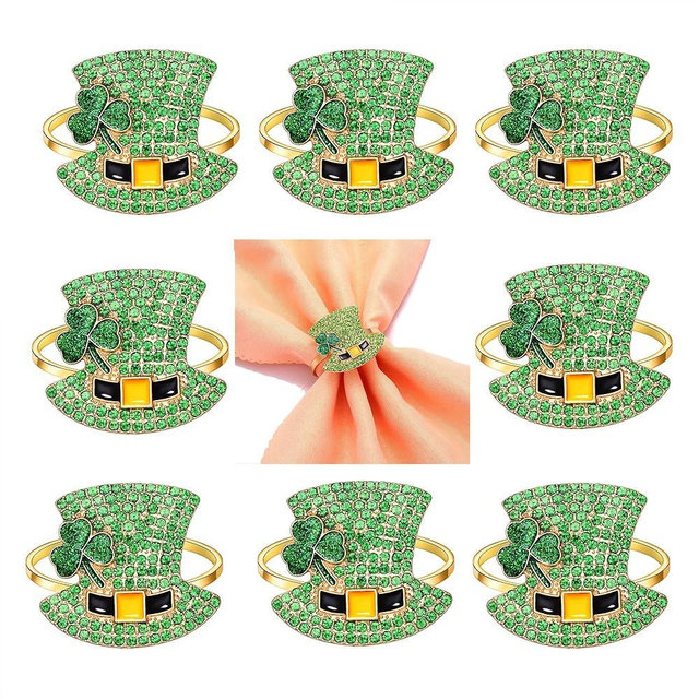 8Pcs St Patrick's Day Napkin Rings Rhinestone Top Hat Metal Serviette Buckles Holder Crystal Green Leprechaun Hat Napkin Holder for Irish Holidays Party Dinner Table Decoration
