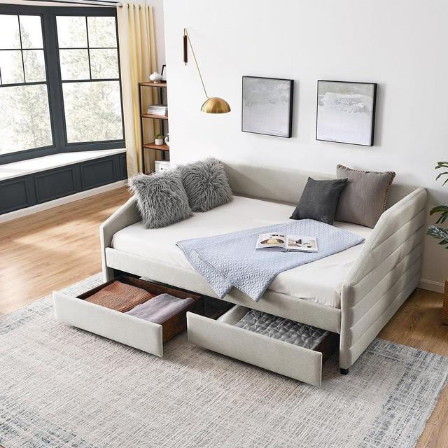 Flieks Full Size Upholstered Daybed with Two Drawers, Linen Fabric Upholstered Sofa Bed, Wheeled Storage Daybed with Wood Frame, No Box Spring Needed, Beige