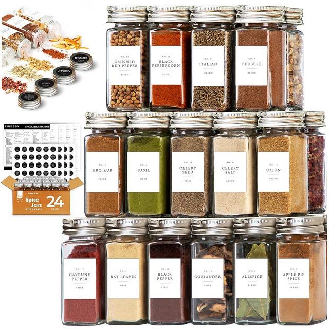 FINESSY Glass Spice Jars With Labels and Organizer Farmhouse, 24 Pcs Spice Organizer, Spice Seasoning Containers With Shaker Lids, 4oz Clear Spice Bottles Empty Glass Labels Kitchen Spice Organization