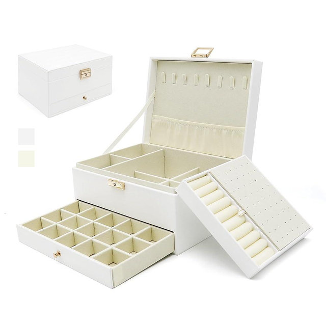 Jewelry Organizer Box, Jewelry Box Organizers for Women Girls, Jewellery Display Holder, 3 Layers Large Leather Jewels Storage Case for Earring, Rings, Necklaces, Bracelets, Watch, Ideal Gift (White)