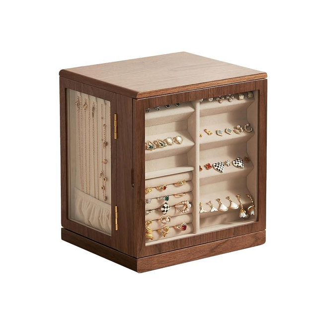 Homruilink Black Walnut Wooden Jewelry Box - 360° Rotating Jewelry Organizer for Women with 5 Drawers for Rings,Necklaces,Earrings and Bracelets -Large Storage Case - Gifts
