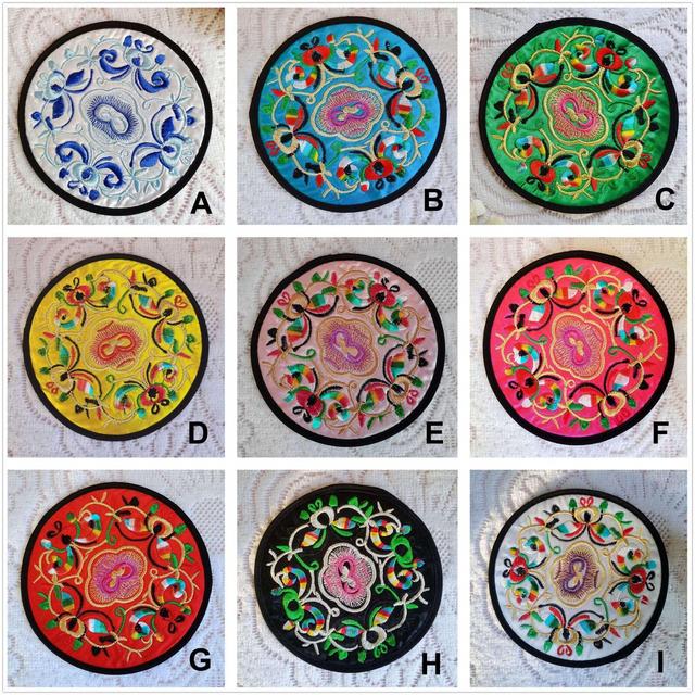 Floral Embroidered Boho Coaster, Satin fabric, 5" Round Vintage Table Decor, Colorful Pattern Diffrent Background, Set of 10 Colors