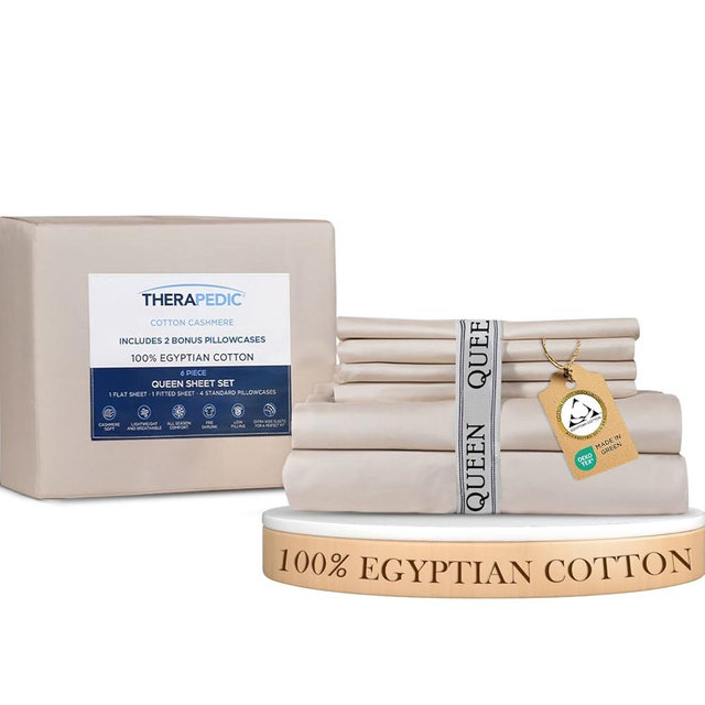 Therapedic 100% Egyptian Cotton Queen 6-Piece Sheet Set – Naturally Cooling & Breathable Sateen, Preshrunk Garment Wash, 16" Deep Pocket Fitted Sheet, Bonus Pillowcases, Soft & Durable - Fog