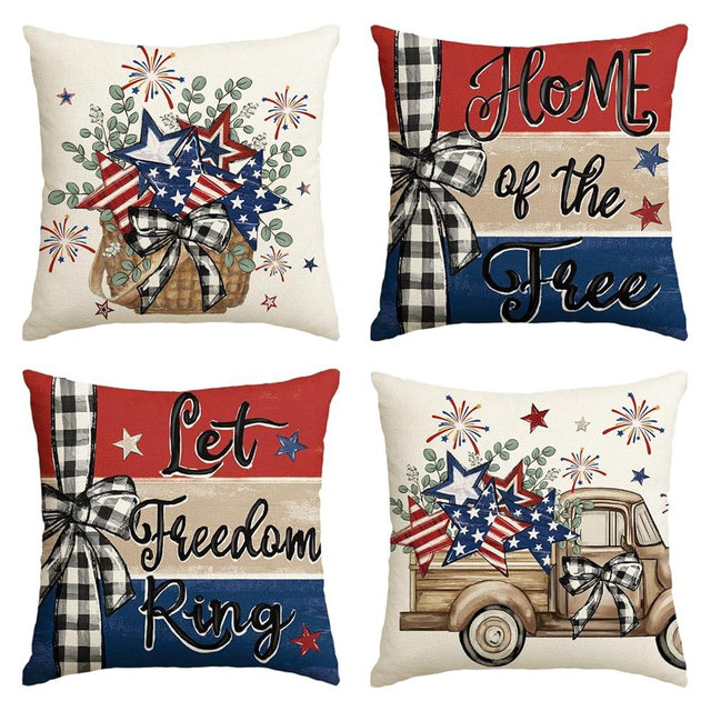 AVOIN colorlife Let Freedom Free Eucalyptus Stars Fireworks Car Throw Pillow Covers, 18 x 18 Inch 4th of July Patriotic Independence Memorial Day USA Flag Cushion Case Decorations Set of 4