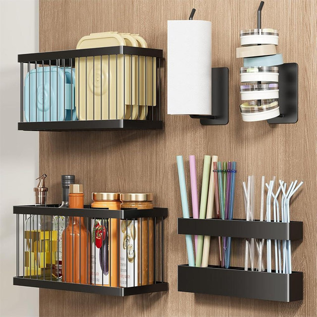 NIEIFI 5 Pack Adhesive Cabinet Door Organizer, Lid Organizers Inside Cabinet Storage Boxes, Tumbler Lid Organizer and Straw Holder, Wall Mounted Pantry Holder for Kitchen (Black)