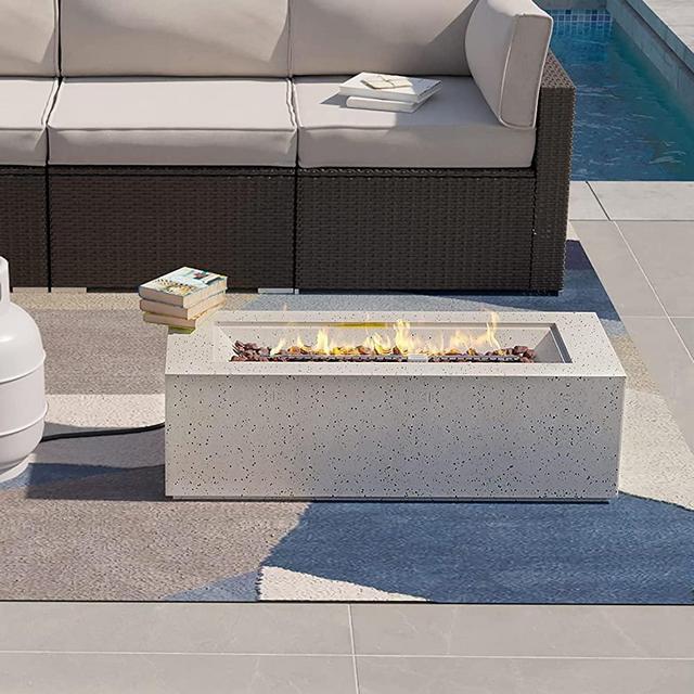 SUNBURY Outdoor 42 Inch Propane Fire Pit Table, Rectangular Fire Table, 40,000 BTU Spotted White Patio Gas Fire Table w Lava Rocks, Waterproof Cover