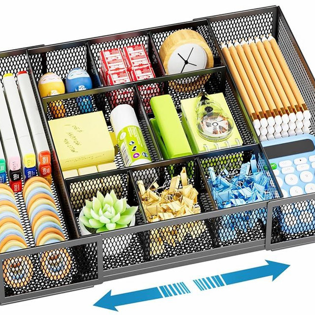 Marbrasse Expandable Desk Drawer Organizer, Mesh Drawer Organizer Tray with 10 Adjustable Compartments, Desk Organizers and Accessories, 5 Dividers Drawer for Office Supplies, Makeup & Vanity (Black)