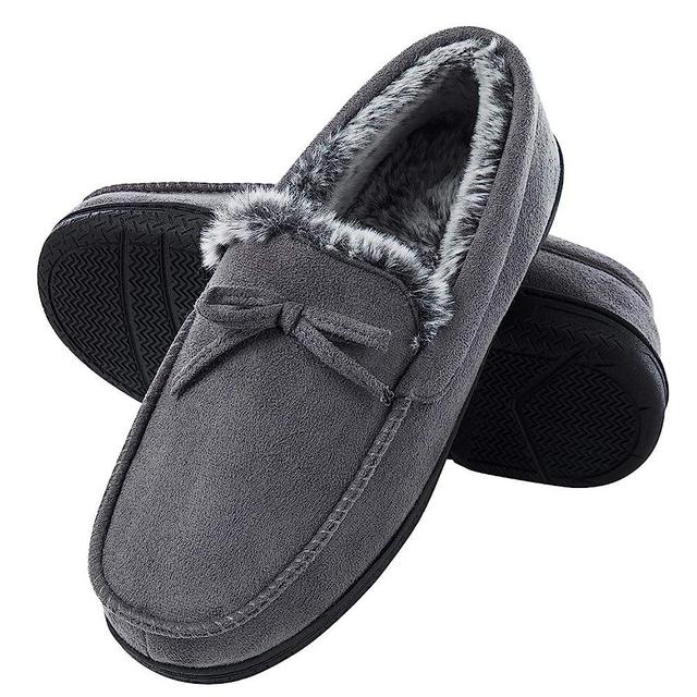 DL Men-Moccasin-Slippers-Indoor-Outdoor, Suede Mens House Slippers with Memory Foam, Faux Fur Lining Bedroom Slippers for Men Non Slip Outsole