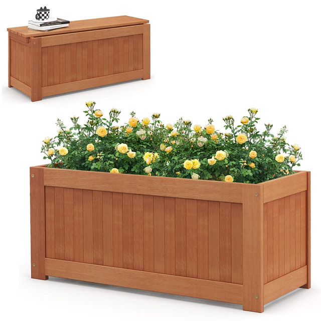 Costway Hardwood Outdoor Planter Box w/ Seat 2-in-1 Wooden Raised Garden Bed & Bench