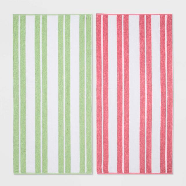 2pc Striped Beach Towel Bundle Green/Pink - Sun Squad™
