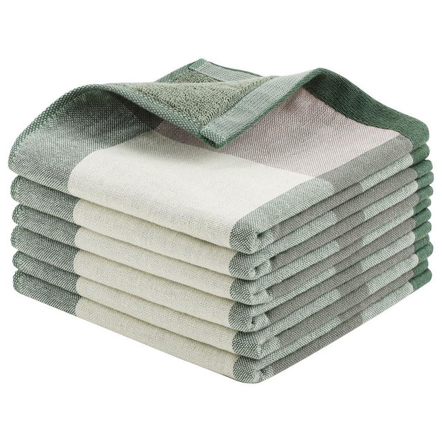 PiccoCasa 100% Cotton Kitchen Dish Colths Set of 6, Absorbent Dishclothes, Drying Cloths for Home Cooking, Big Buffalo Gingham, Green