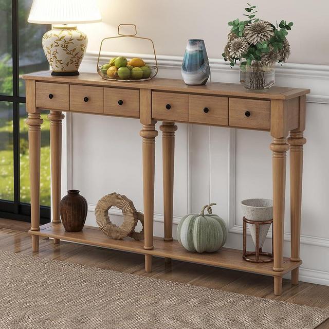 Knocbel Retro Console Table with 4 Drawers and Open Shelf, Vintage Sofa Tables with Slim Legs for Entryway Living Room 59.8" W x 11" D x 34" H Old Pine