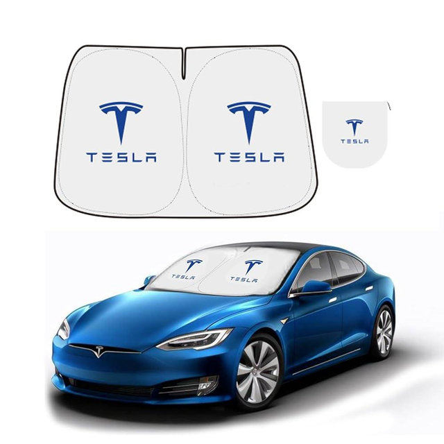 300T Sunshade for Tesla Model Y Model 3, Car Accessories 2025 for Tesla, Front Window Sunshade with Organizer Bag, Gifts for Tesla Owners (Blue)