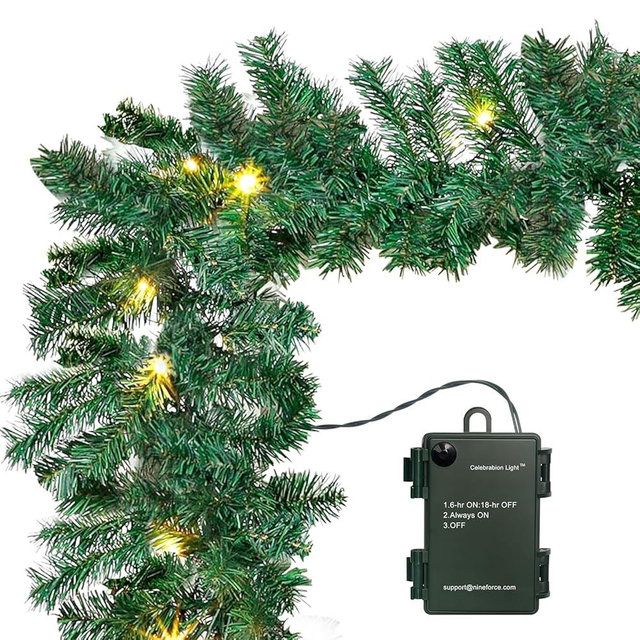 10Ft Christmas Garland with 50 LED Lights - 2 Pack Pre-lit Battery Operated Outdoor Christmas Garland Waterproof String Light with Timer 10 Foot by 10 Inch