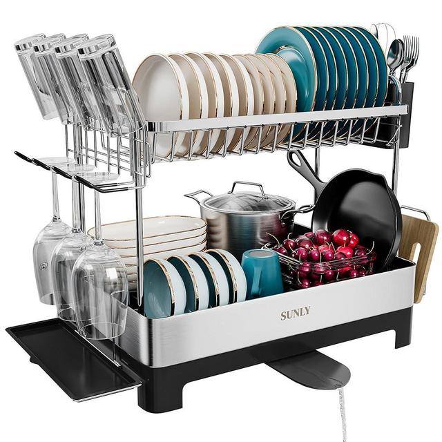 SUNLY 2 Tier Dish Drying Rack, Extra Large Dish Rack, Multifunctional Large Dish Drainers for Kitchen Counter, 304 Stainless Steel Kitchen Drying Rack, Bowl Drying Rack, Rotatable Drain Spout, Black