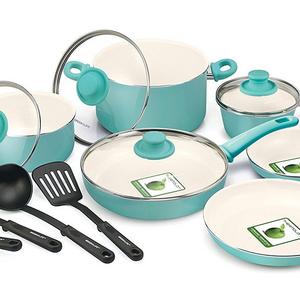 GreenLife CW000531-002 Soft Grip Absolutely Toxin-Free Healthy Ceramic Nonstick Dishwasher/Oven Safe Stay Cool Handle Cookware Set, 14-Piece, Turquoise