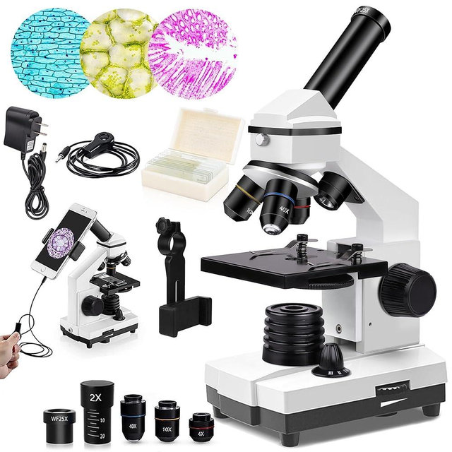 PalliPartners Compound Microscope Powerful Biological Microscopes for School Laboratory Home Education,100X-2000X Microscopes for Kids Students Adults, with Microscope Slides Set, Phone Adapter, White