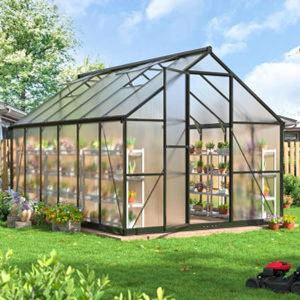 8x12 FT Outdoor Greenhouse (Black) with Roof Vent and Quick Setup Structure