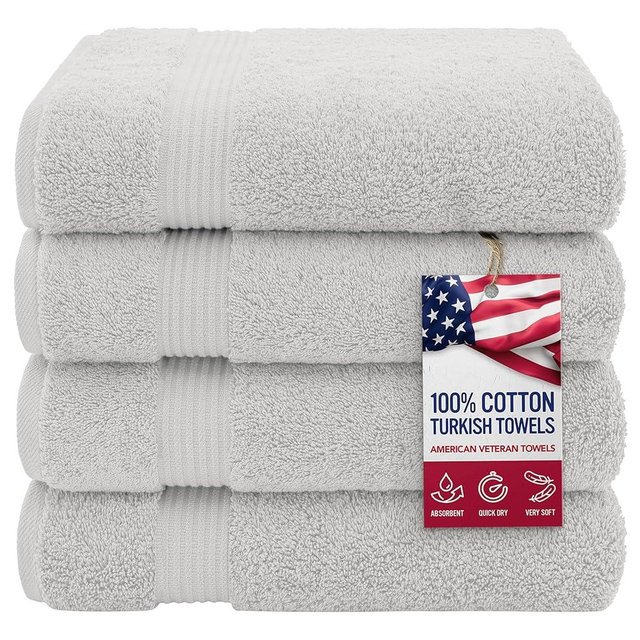 American Veteran Towel, 100% Cotton Turkish Bath Towels for Bathroom 4 Pack Clearance Prime, 27x54 Extra Large Premium Soft Drying Bathroom Towels, Silver Grey