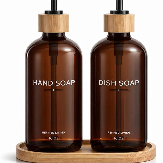 Hand and Dish Soap Dispenser Set,16oz Glass Bottles with Printed Labels, Bamboo Tray & Pump,Countertop Soap Dispensers for Kitchen,Luxury, Minimalist & Farmhouse Decor (Hand Dish (Amber))