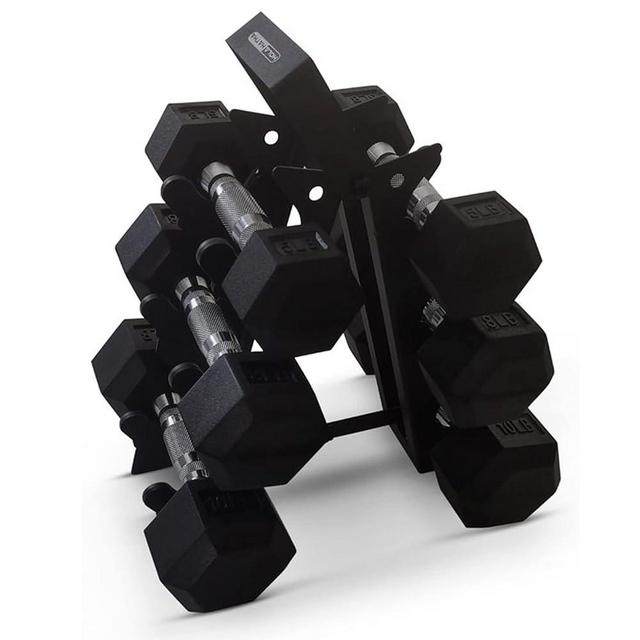HolaHatha Hexagonal Non Slip Free Hand Dumbbell Weight Training Exercise Set w/Textured Grips & Folding Storage Rack