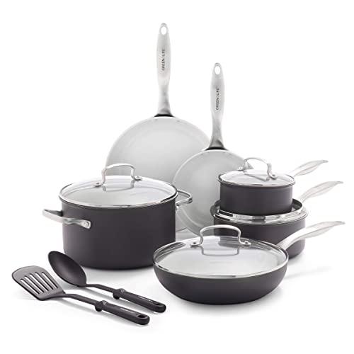 GreenLife Classic Pro Healthy Ceramic Nonstick, Cookware Pots and Pans Set, 12 Piece, Light Gray