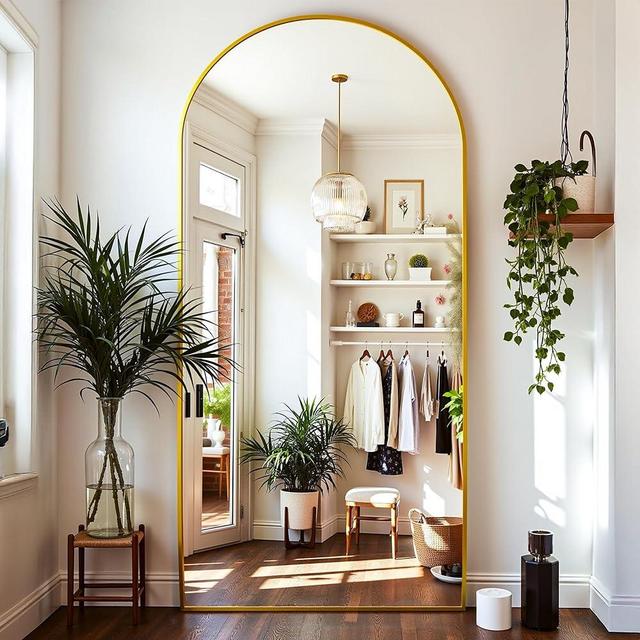 Furnbar Full Length Mirror,76"x34"Oversized Floor Mirror with Stand,Arched Full Body Mirror Standing Leaning Against Wall,Hanging Mounted Body Mirrors,Large Mirrors for Bedroom Cloakroom,Gold