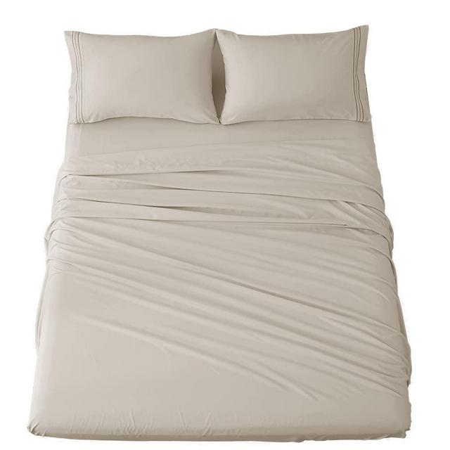 Shilucheng King Size Bed Sheets Set Microfiber 1800 Thread Count Percale Super Soft and Comforterble 16 Inch Deep Pockets - 4 Piece (King,Beige)