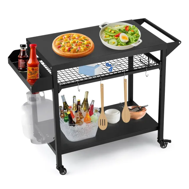 3-Shelf Rolling Outdoor Grill Cart, BBQ Prep Table and Pizza Oven Stand with Mesh Racks and Utensil Hooks, Portable Bar Cart for Patio