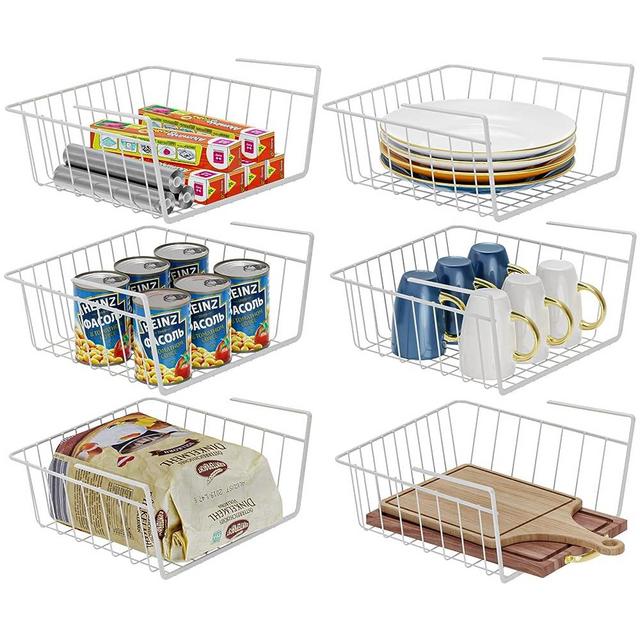 Under Shelf Basket, iSPECLE Small 6 Pack Under Shelf Storage Hanging Shelf Basket for Pantry Cupboard Laundry Room Add Extra Space, Easy to Install, White